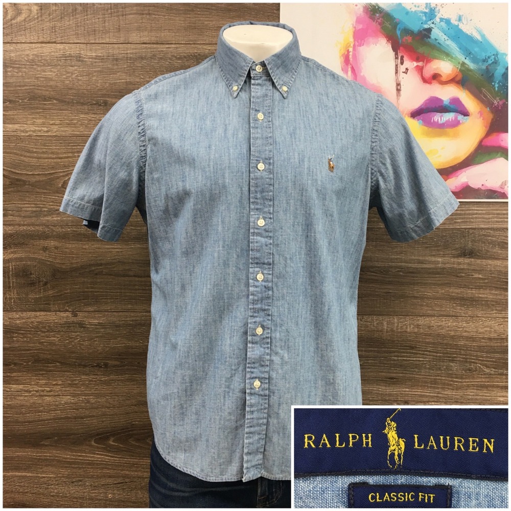 Ralph Lauren Mens Classic Fit Chambray Button Down Shirt Blue Short Sleeve Large